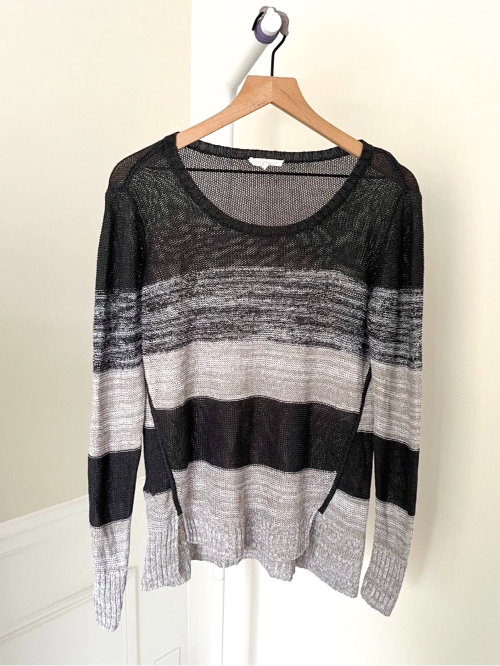 EILEEN FISHER Linen Pullover Sweater Lightweight Stripe Black Grey Womens Medium